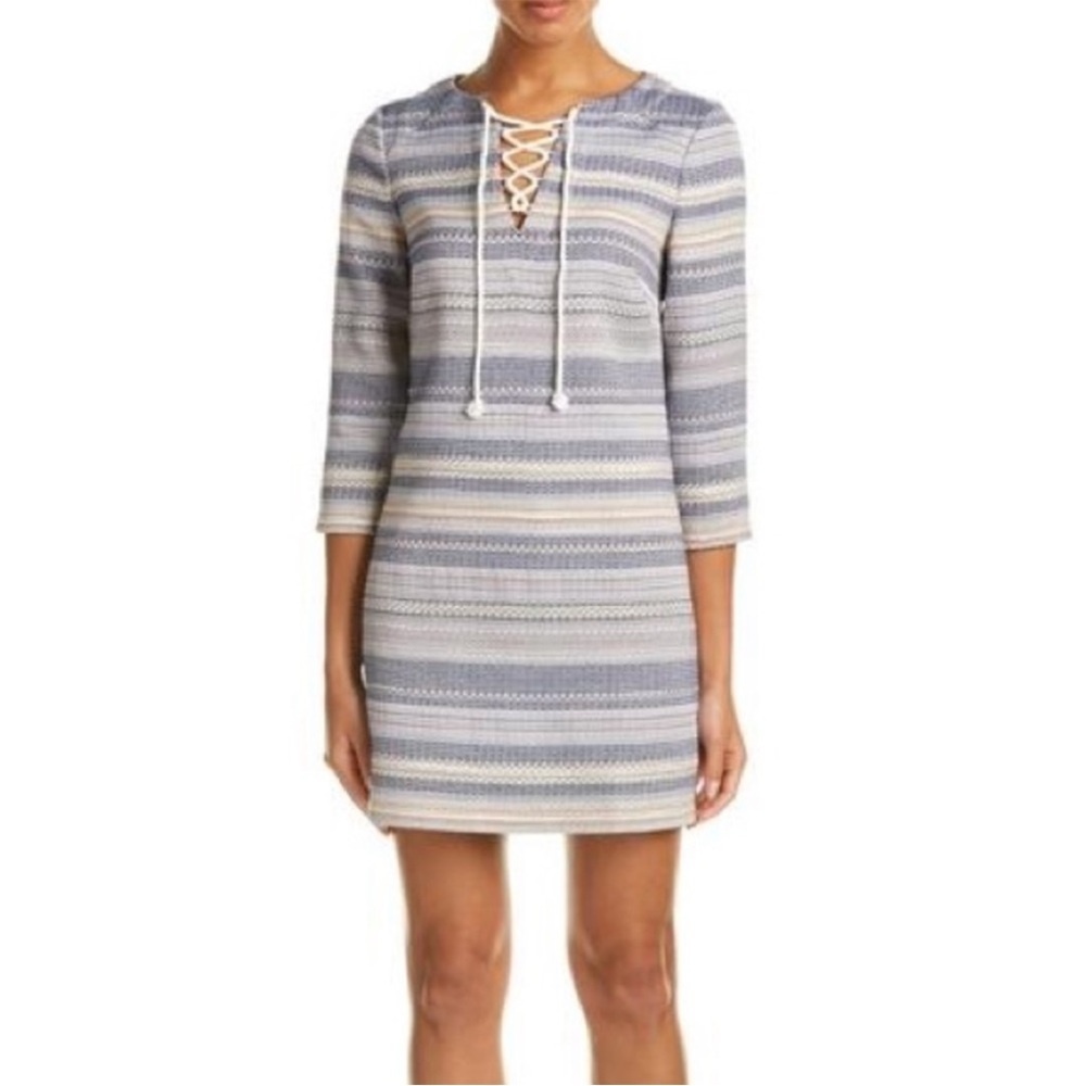 Lilla P Woven‎ Jacquard Lace-up Striped Tunic Dress Multi Color Cotton Size XS